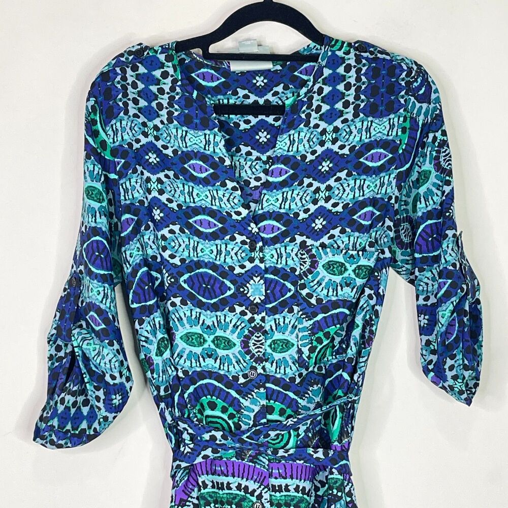 Anthropologie Maeve Ikat Roll Tab Sleeve Belted Shirt Dress Women's Size XS - Picture 5 of 10